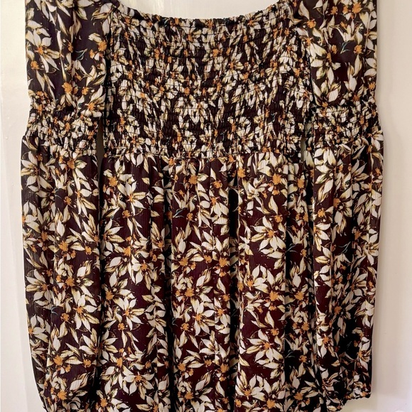 Guess| Brown & Cream Fall Floral Smocked Boho Long Sleeve Mini Dress Sz XS - Picture 6 of 6
